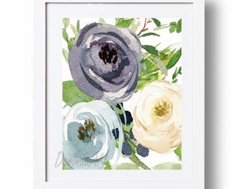 Blue Flower Printable Watercolor flowers Print Navy floral home decor Gold Blue and white wall art Instant Download 5x7 8x10 11x14 16x20