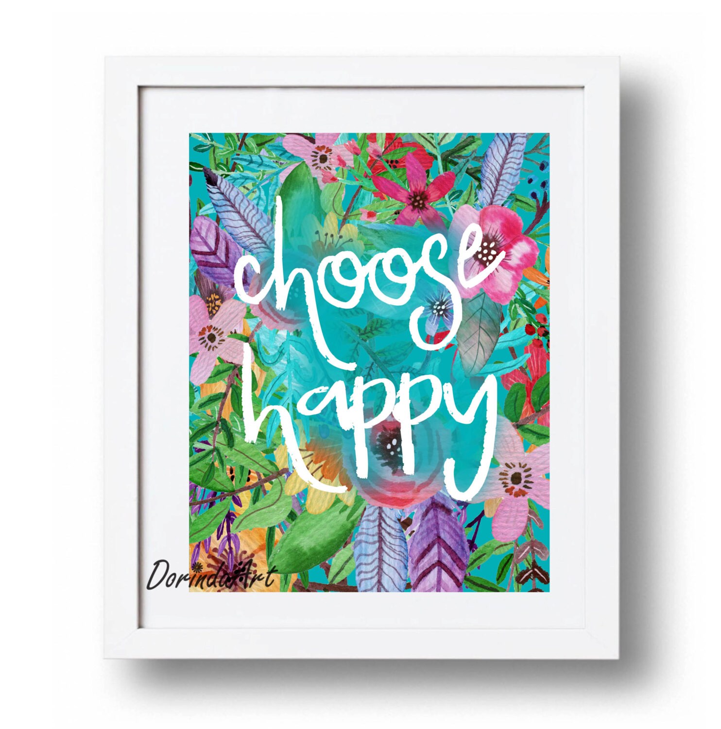 Floral Printable Happiness quote Inspirational Quote Blue wall art Watercolor Printable Motivational Quote printable wall decor