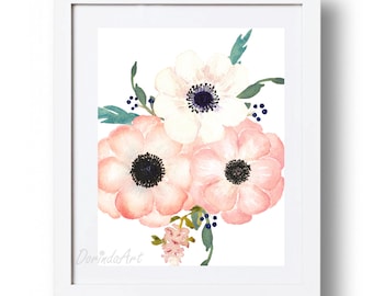 Pink, white and coral Watercolor flowers wall decor, Floral Girls bedroom wall art, Nursery flowers, Printable flower art 16x20 11x14 5x7