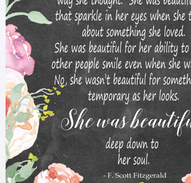 She Was Beautiful Printable F Scott Fitzgerald Quote Floral Etsy