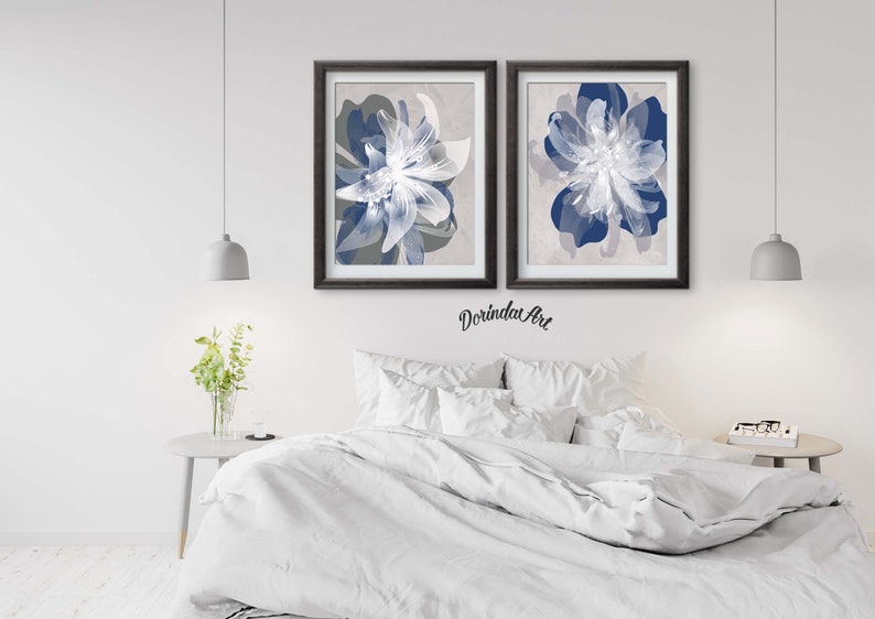 Navy Blue Gray Flower Wall Art Prints Large Poster Print Etsy