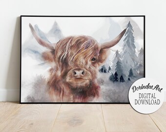 Highland cow print wall art, Cow head, Scotland wall art print, Watercolor Shaggy cow, Wall decor,  Large wall art, Cow digital print, Gifts