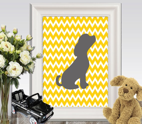 Items similar to Puppy print Dog decor Yellow gray nursery decor