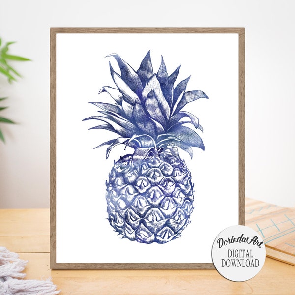 Navy Pineapple printable Blue Kitchen Pineapple decor Blue Pineapple wall art Pineapple print Hospitality Poster art 16x20 8x10 5x7 DOWNLOAD