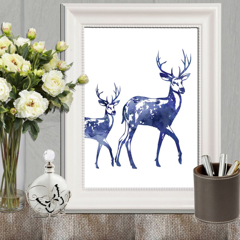 Blue Deer Art Navy Deer Wall Art Large Deer Print Deer Etsy