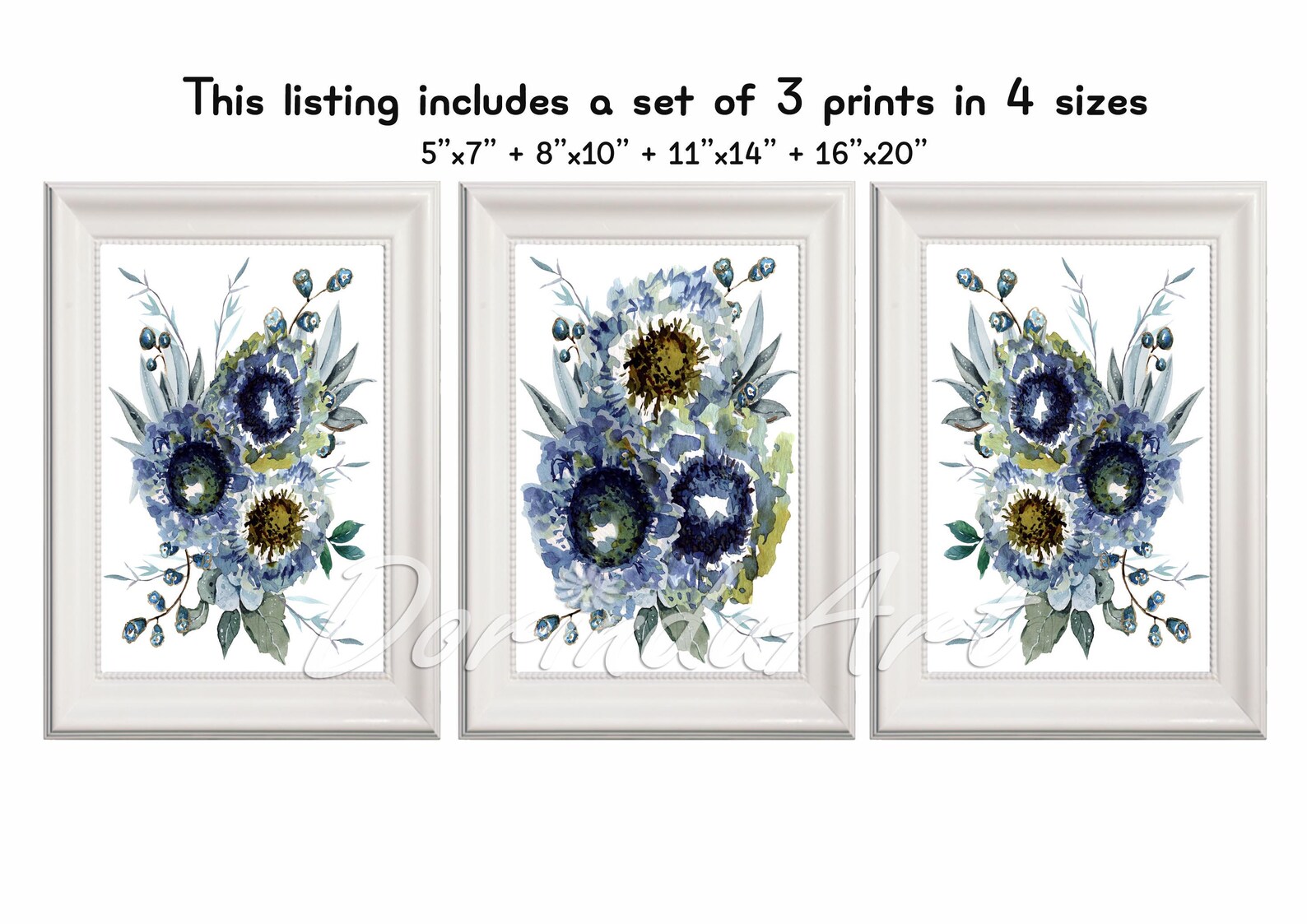 Set of 3 Navy blue Wall art Decor Blue flowers Navy flower Etsy