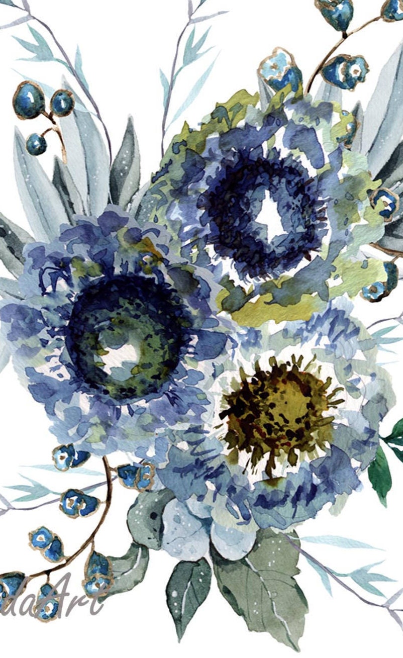 Set of 3 Navy blue Wall art Decor Blue flowers Navy flower Etsy