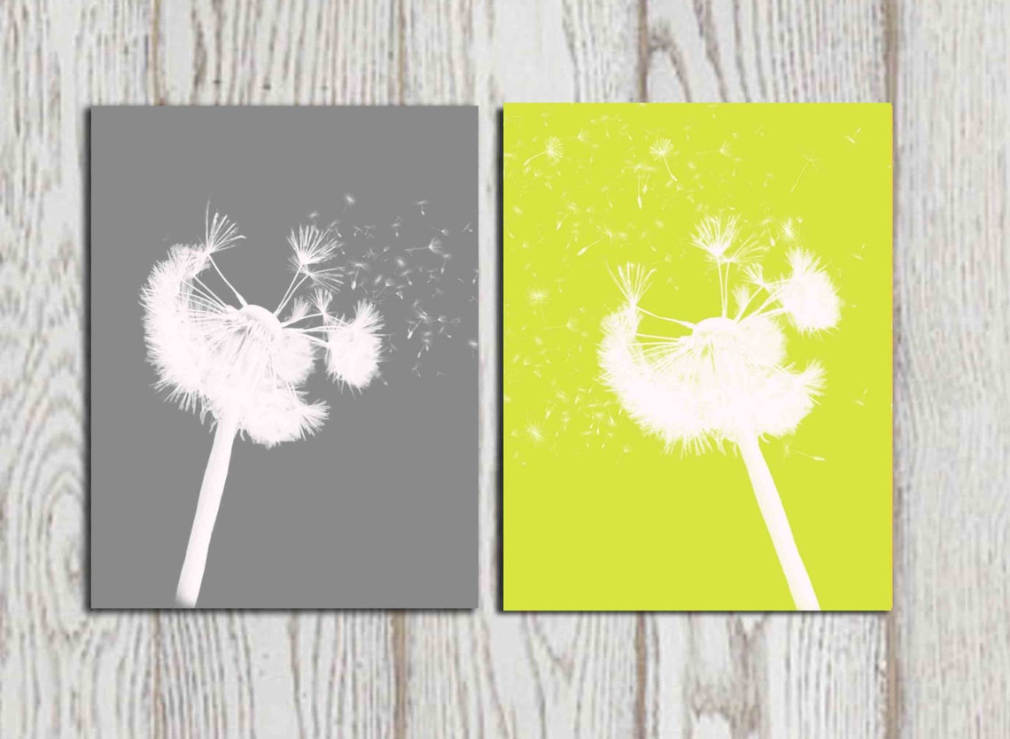 Dandelion Wall Decor Print Set of 2 Gray and Lime Green Home Etsy