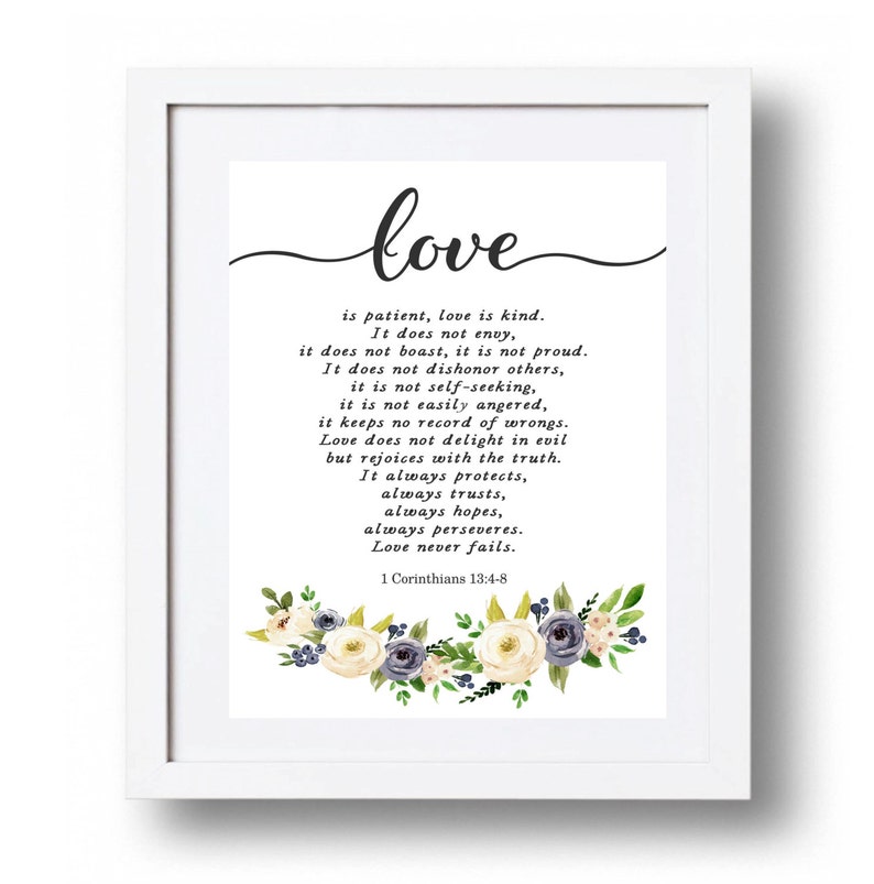 Floral Love is Patient Love is Kind Print Blue White Flowers Etsy