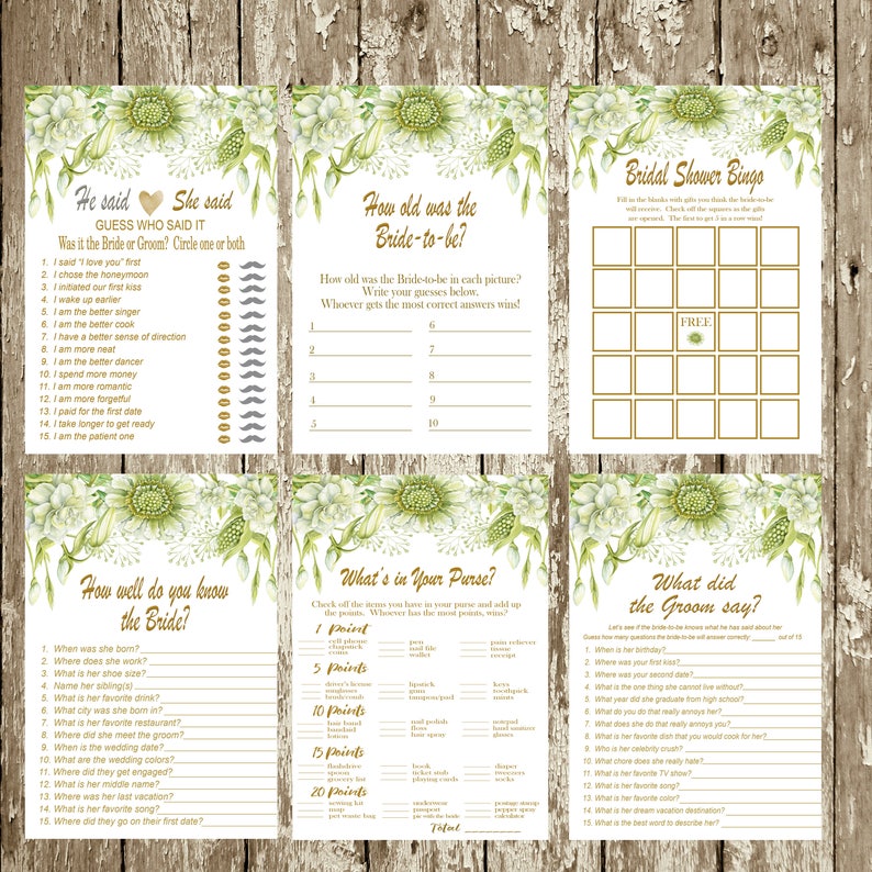 Bridal Shower Games Printable Greenery Bridal shower games package Floral Bridal shower game INSTANT DOWNLOAD Bingo What did the groom say