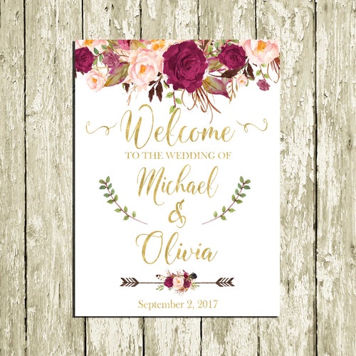 Burgundy Welcome Wedding Sign Printable Maroon and Gold - Etsy UK