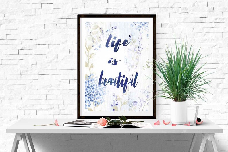 Life is Beautiful Print Watercolor Floral Wall Art Navy Blue Etsy
