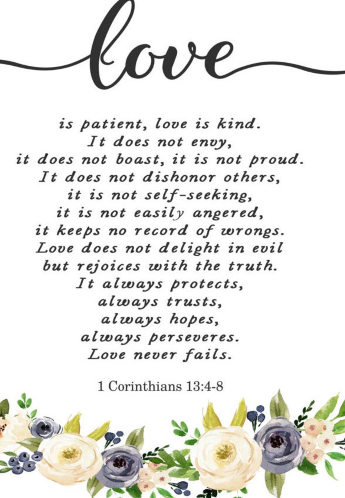 Floral Love is Patient Love is Kind Print Blue White Flowers Etsy UK