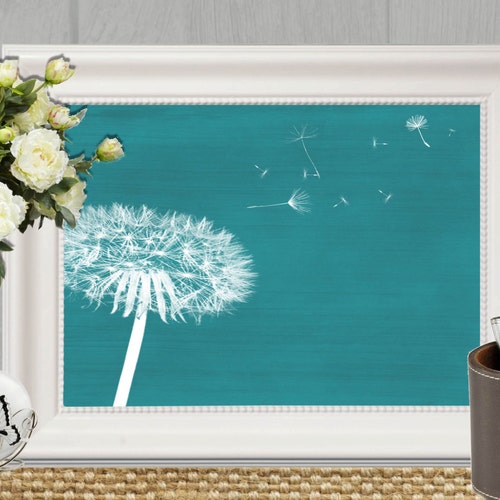 Dandelion Print Teal Home Decor Teal Bedroom Decor Large Teal Etsy