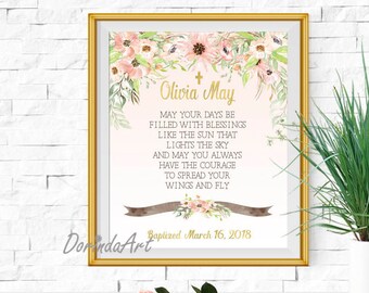 Personalized Baptism Gift Girl Floral Watercolor Baptism Decorations Baptism Gift for Goddaughter Pink and Gold Green Baptism Wall art Print