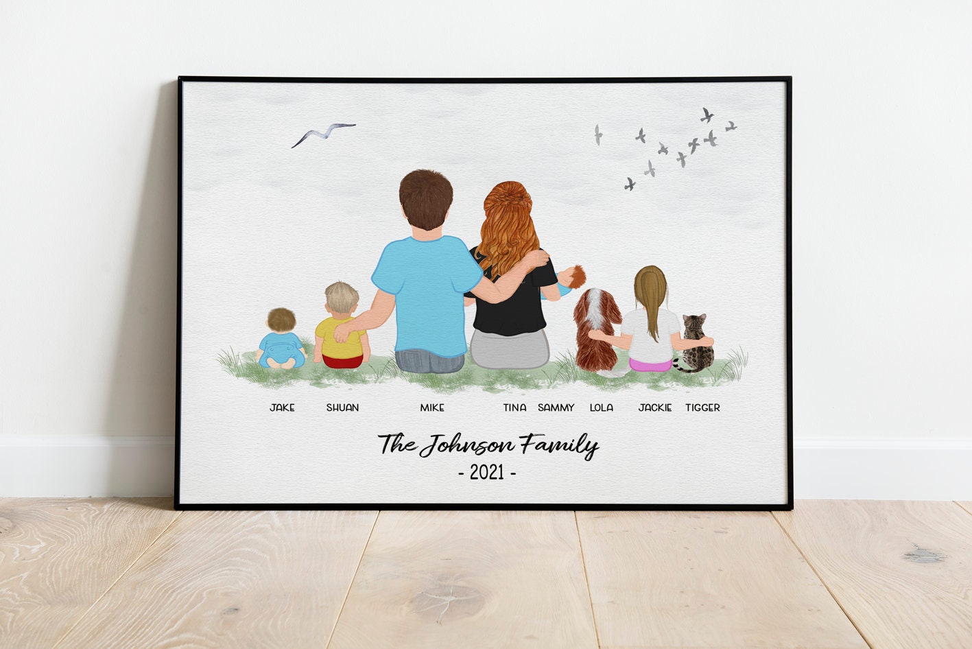 Affiche portrait famille personnalisé avec animaux - 4 décors - Maman Comète