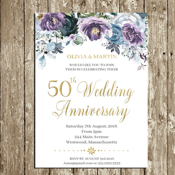 50 matrimonio anniversario inviti stampabile blu e viola ...