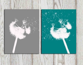 Teal gray home decor print Teal Dandelion wall art Modern flower art print Bedroom printable poster Abstract flower art Set of 2 Download