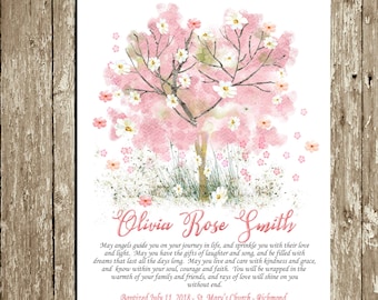 Baptism Gift Girl Printable Tree Baptism art Personalized Pink floral Christening Gift Baptism gift for goddaughter Digital Irish Blessing