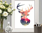 Geometric deer printable Retro Wall art print Triangle art Modern deer decor Colorful Deer poster Navy red orange Office decor Home decor