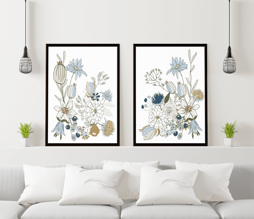 Set of 2 Abstract Floral Printable Wall Art Blue, Brown Wall Decor Blue, Taupe Flower Art Blue