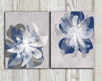 Navy blue gray flower wall art prints Large poster print 16x20, 8x10 Set of 2 Bedroom decor Living room decor Home decor INSTANT DOWNLOAD