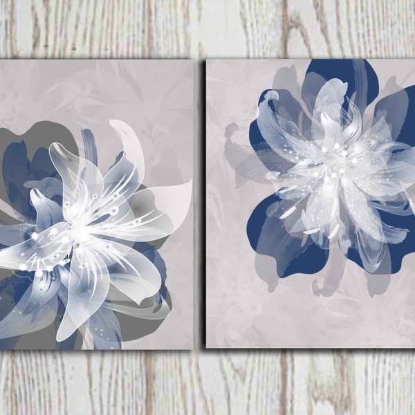 Navy blue gray flower wall art prints Large poster print 16x20, 8x10 Set of 2 Bedroom decor Living room decor Home decor INSTANT DOWNLOAD