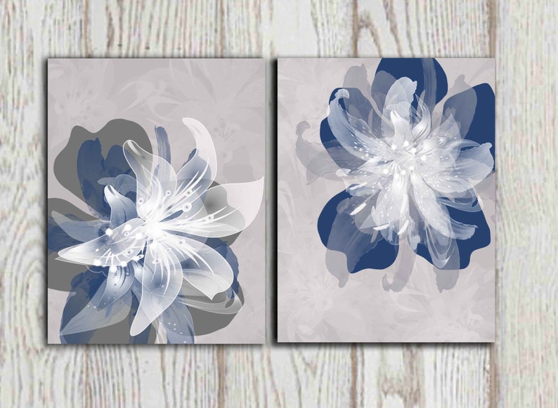 Navy Blue Gray Flower Wall Art Prints Large Poster Print - Etsy