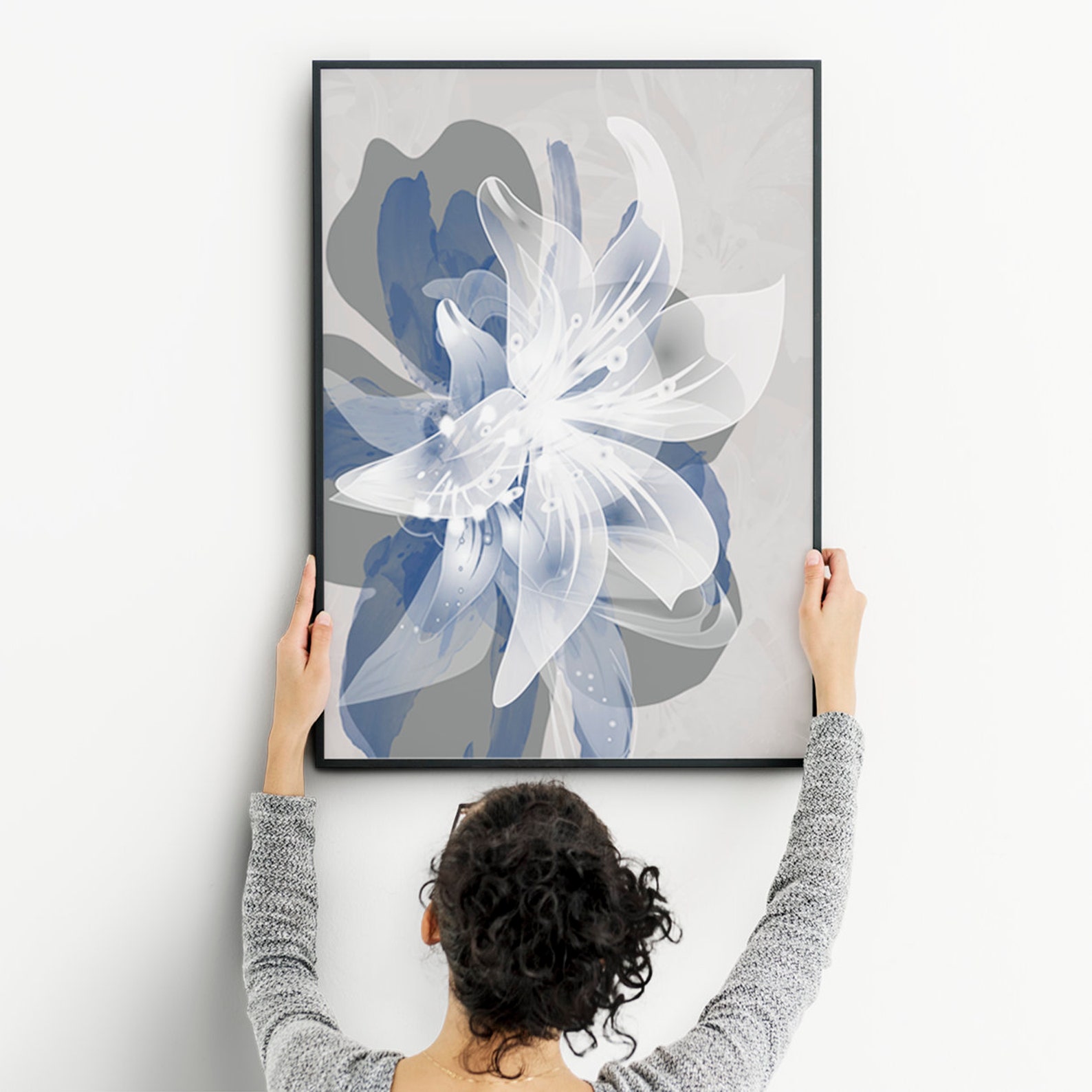 Navy Flower Wall Art Navy and Grey Bedroom Wall Art Set Navy Etsy