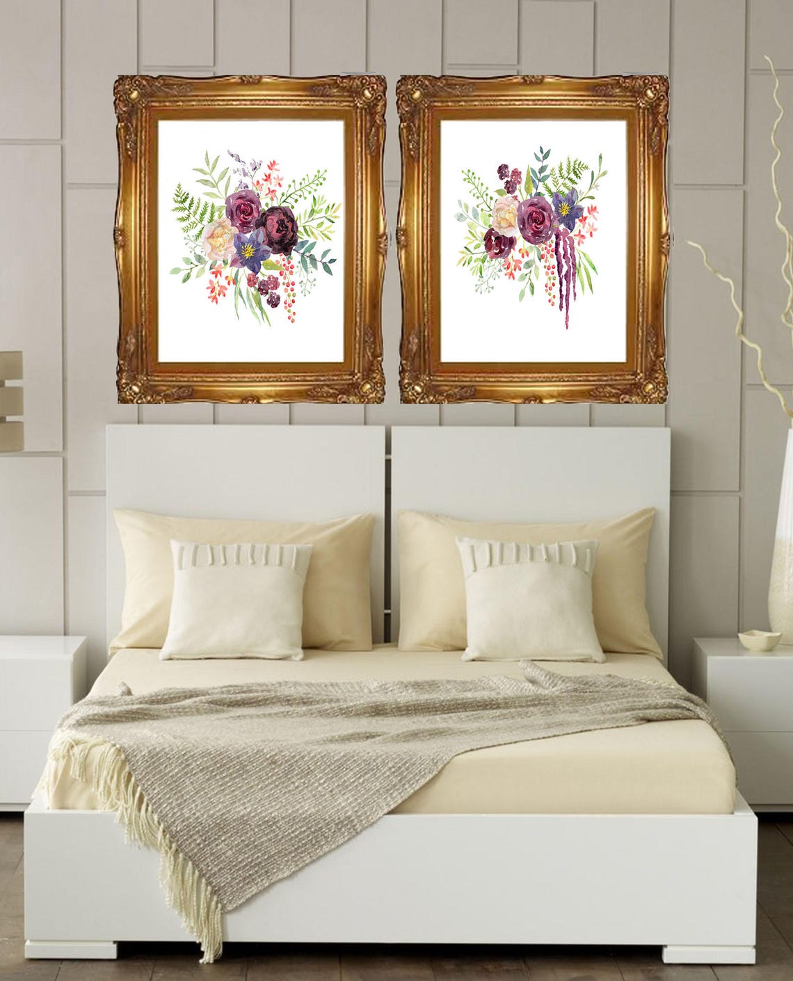 Set of 2 Wall Art Prints Purple Wall Decor Burgundy Flower Etsy UK