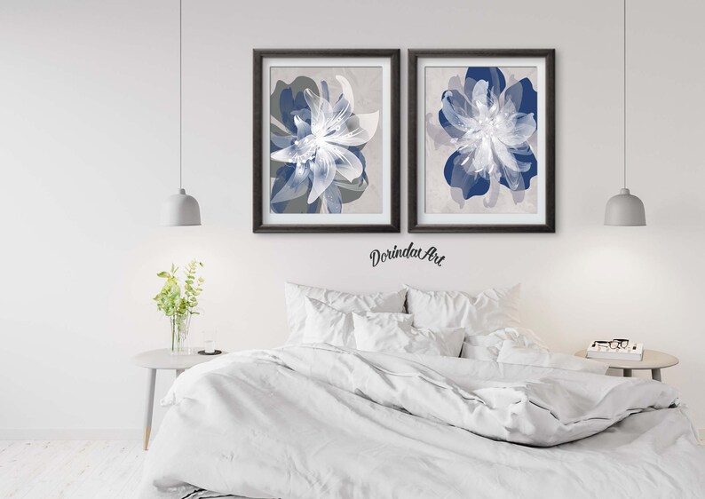 Navy Flower Wall Art Navy and Grey Bedroom Wall Art Set Navy Etsy