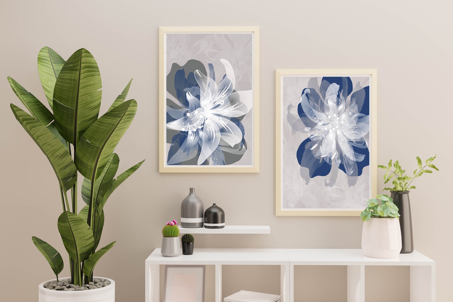 Navy Blue Gray Flower Wall Art Prints Large Poster Print Etsy