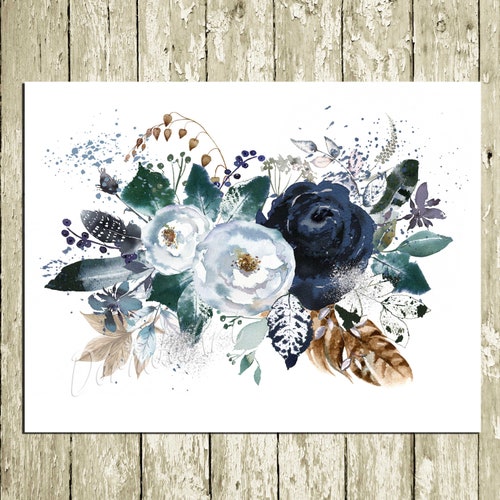 Navy Watercolor Flower Wall Art Printable Floral Wall Art Etsy
