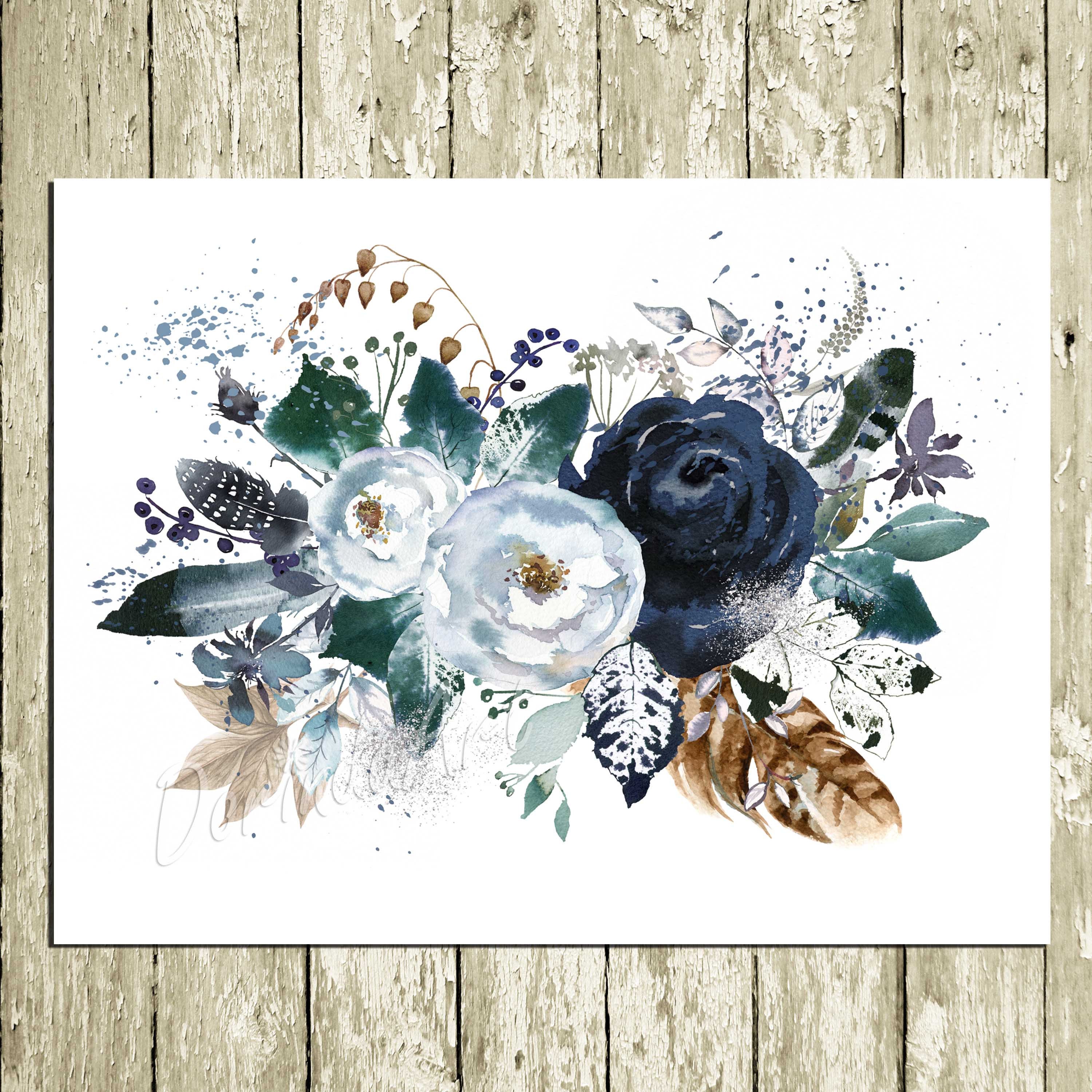 Navy Watercolor flower wall art Printable Floral Wall art Etsy