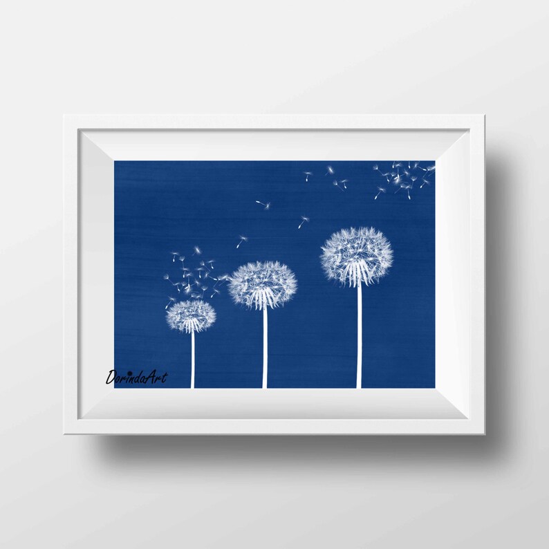 Blue Dandelion Print Navy Home decor Dandelion wall art Flower Etsy