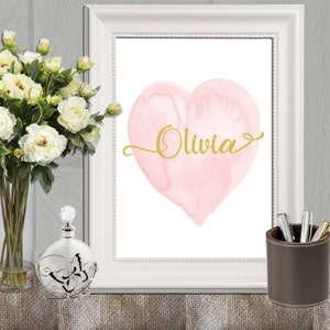 Personalized Name print Heart printable Personalized nursery art Custom name printable Pink and gold nursery Digital poster print Download