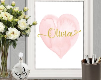 Personalized Name print Heart printable Personalized nursery art Custom name printable Pink and gold nursery Digital poster print Download