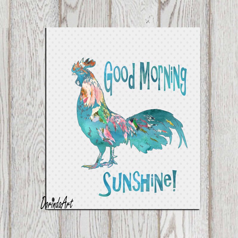 Rooster Print Watercolor Rooster Decor Teal Kitchen Decor Blue Etsy