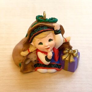 Hallmark Keepsake Ornament, Curius The Elf, Membership Ornament, Christmas Ornament, Elf in Bag of Presents, Elf Ornament, Hallmark Elf