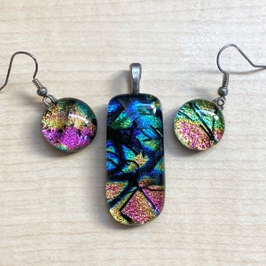 Dichroic Matching Jewelry Set, Fused Dichroic Glass Dangle Earrings, Fused Dichroic Glass Pendant, Pink, Blue, Orange, Cabochon Earrings image 2