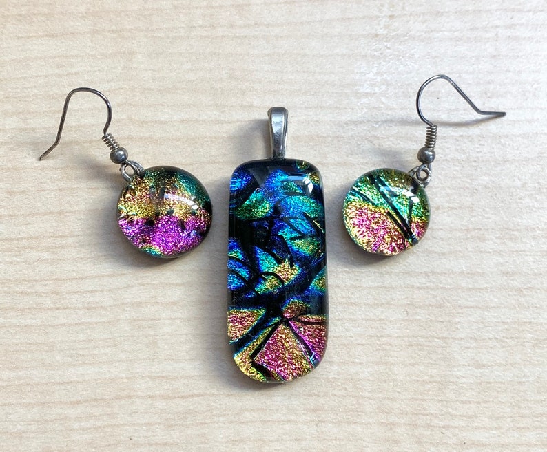 Dichroic Matching Jewelry Set, Fused Dichroic Glass Dangle Earrings, Fused Dichroic Glass Pendant, Pink, Blue, Orange, Cabochon Earrings image 2