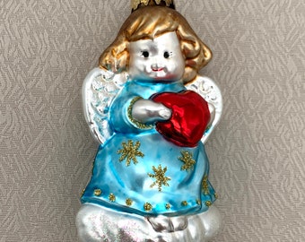 Vintage Glass Angel Ornament, Hand Blown Vintage Glass Angel Ornament, Vintage Christmas Ornament, Vintage Angel with Heart Ornament