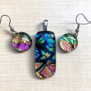 Dichroic Matching Jewelry Set, Fused Dichroic Glass Dangle Earrings, Fused Dichroic Glass Pendant, Pink, Blue, Orange, Cabochon Earrings image 1