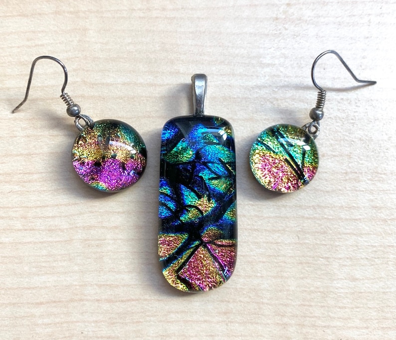 Dichroic Matching Jewelry Set, Fused Dichroic Glass Dangle Earrings, Fused Dichroic Glass Pendant, Pink, Blue, Orange, Cabochon Earrings image 1