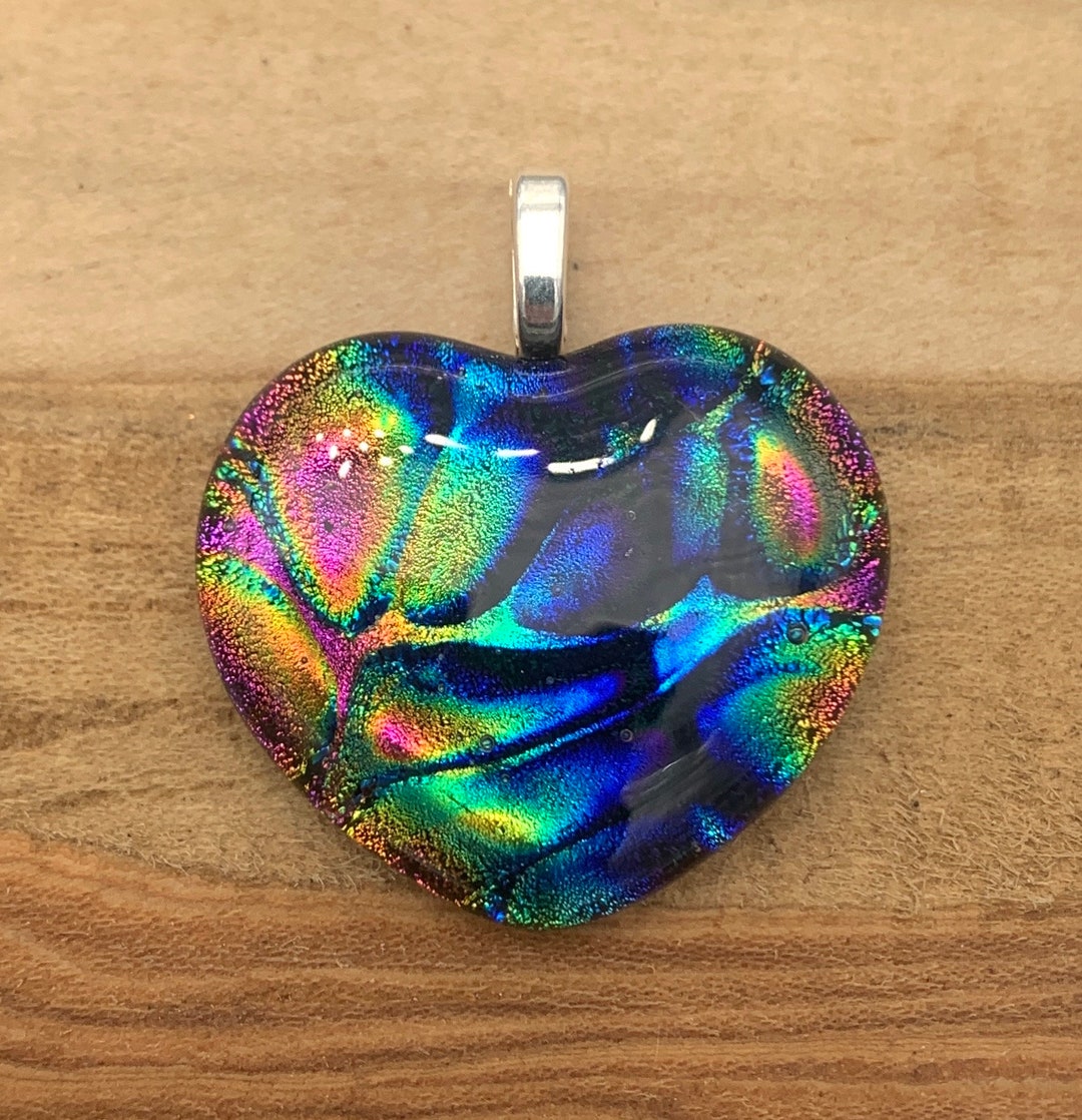 Dichroic Glass Heart Pendant, Fused Glass Heart Pendant, Heart Cabochon
