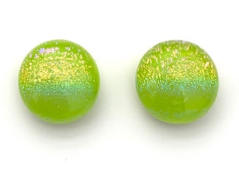 Dichroic Glass Earrings, Lime, Chartreuse, Pastel Rainbow, 12mm Cabochons, Lime Dichroic Studs, Lime Fused Glass Earrings, Dichroic Jewelry