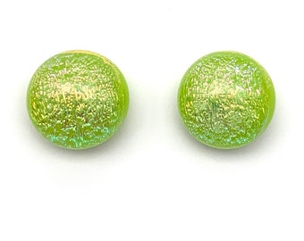 Dichroic Glass Earrings, Lime, Chartreuse, 11mm Cabochons, Pastel Rainbow, Lime Dichroic Studs, Lime Fused Glass Earrings, Dichroic Jewelry