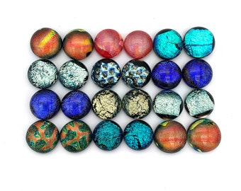 24 (12 pair), Fused Dichroic Glass Cabochons, 12mm-13mm, DIY Jewelry, Earrings, Mosaics, Wire Wrap, Beading, Turquoise, Blue, Teal, Orange