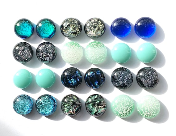 Wire Wrap DIY Jewelry Fused Dichroic Glass Cabochons Green Earrings Cabs Mosaics 10mm-12mm 24 Blue Turquoise Cobalt 12 pair