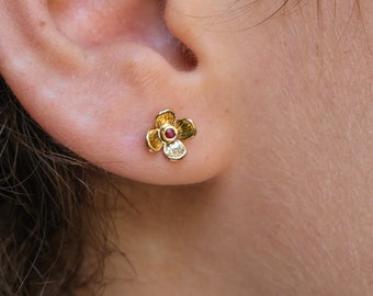 Gold Flower Stud Earrings Set with Rubies - 14k Gold Jewelry with Ruby Stones